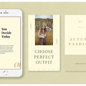 Pu&ograve; includere: Uno smartphone mostra una pubblicit&agrave; digitale con il testo "You Decide Today". Due pannelli aggiuntivi mostrano "Choose Perfect Outfit" e "Autumn Fashion". Il tema generale &egrave; la moda, con una palette di colori neutri e una foto di una donna in abiti autunnali.