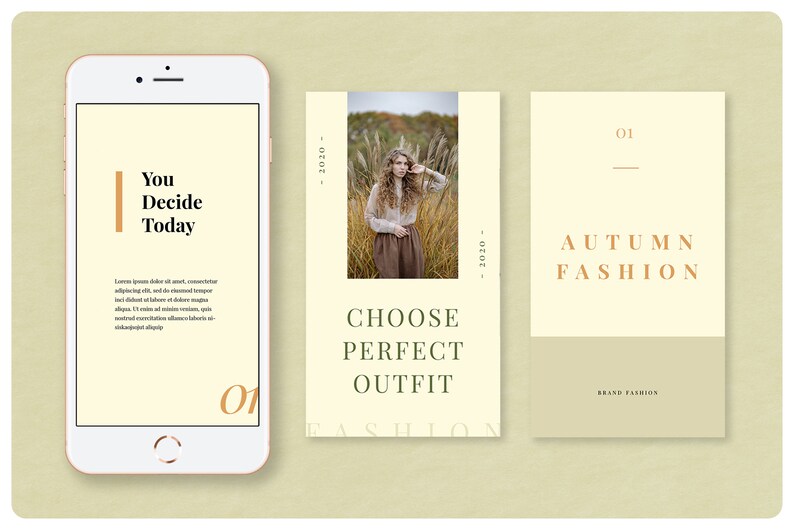 Pu&ograve; includere: Uno smartphone mostra una pubblicit&agrave; digitale con il testo "You Decide Today". Due pannelli aggiuntivi mostrano "Choose Perfect Outfit" e "Autumn Fashion". Il tema generale &egrave; la moda, con una palette di colori neutri e una foto di una donna in abiti autunnali.