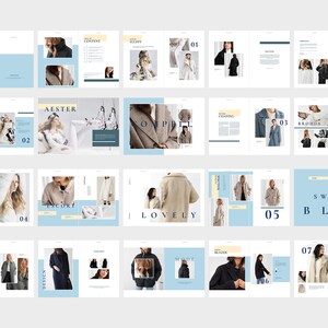 K&ouml;nnte beinhalten: Ein Mode-Magazin-Layout mit hellblauem und wei&szlig;em Design. Die Seiten zeigen Bilder von M&auml;nteln und Jacken, mit Texten wie &bdquo;FEMME&ldquo;, &bdquo;AESTER&ldquo;, &bdquo;LOVELY&ldquo; und &bdquo;SWIZER BLUE&ldquo;, die ein Modethema hervorheben.