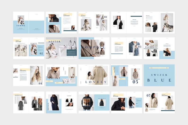 K&ouml;nnte beinhalten: Ein Mode-Magazin-Layout mit hellblauem und wei&szlig;em Design. Die Seiten zeigen Bilder von M&auml;nteln und Jacken, mit Texten wie &bdquo;FEMME&ldquo;, &bdquo;AESTER&ldquo;, &bdquo;LOVELY&ldquo; und &bdquo;SWIZER BLUE&ldquo;, die ein Modethema hervorheben.