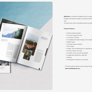 May include: A magazine layout titled "Malachit" with a cover and open pages displaying adventure-themed photos and text. The design includes a white background with blue accents and a list of product features.