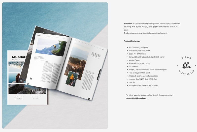 May include: A magazine layout titled "Malachit" with a cover and open pages displaying adventure-themed photos and text. The design includes a white background with blue accents and a list of product features.