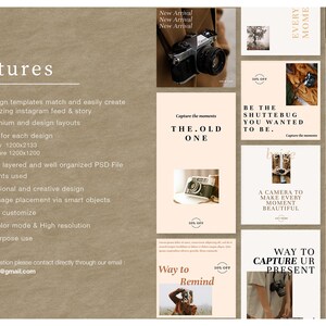 Puede incluir: Imagen promocional de plantillas para Instagram, con una c&aacute;mara vintage y texto como "Capture the moments" y "Black Friday". El dise&ntilde;o incluye la direcci&oacute;n de correo electr&oacute;nico blanca.lab04@gmail.com. Las plantillas son personalizables.