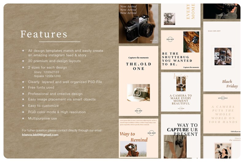 Puede incluir: Imagen promocional de plantillas para Instagram, con una c&aacute;mara vintage y texto como "Capture the moments" y "Black Friday". El dise&ntilde;o incluye la direcci&oacute;n de correo electr&oacute;nico blanca.lab04@gmail.com. Las plantillas son personalizables.