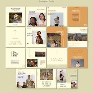 Pu&ograve; includere: Modelli di post di Instagram con una tavolozza di colori neutri. I post presentano citazioni e frasi legate alla moda, insieme a immagini di persone e paesaggi. Il testo "Reva Autumn" &egrave; in alto.