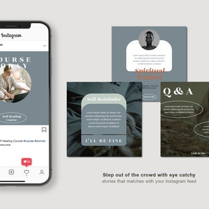Peut inclure: Maquette de publication Instagram sur un t&eacute;l&eacute;phone, avec un graphique "Course Today". D'autres graphiques incluent "Self Reminder", "Spiritual Trainer" et "Q & A". Le texte "Step out of the crowd with eye catchy stories that matches with your instagram feed" est &eacute;galement visible.