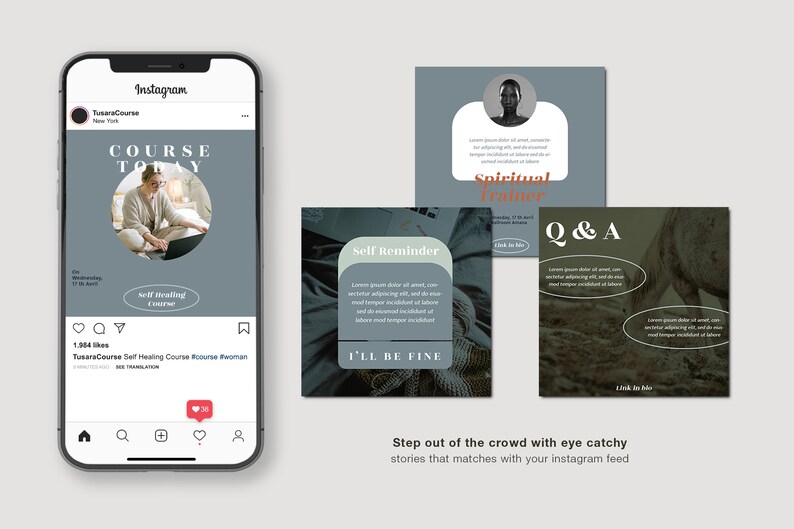 Peut inclure: Maquette de publication Instagram sur un t&eacute;l&eacute;phone, avec un graphique "Course Today". D'autres graphiques incluent "Self Reminder", "Spiritual Trainer" et "Q & A". Le texte "Step out of the crowd with eye catchy stories that matches with your instagram feed" est &eacute;galement visible.