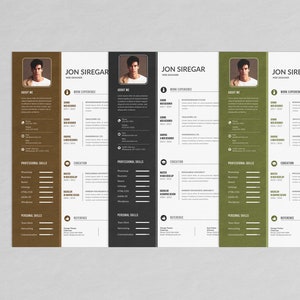 Puede incluir: Una colecci&oacute;n de plantillas de curr&iacute;culum vitae en varios esquemas de color: marr&oacute;n, negro y verde. Cada curr&iacute;culum vitae presenta una foto de perfil, informaci&oacute;n de contacto, experiencia laboral, habilidades y detalles de educaci&oacute;n. El texto dice "Jon Siregar, Web Designer".