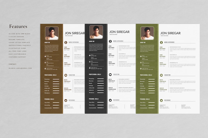 Puede incluir: Una colecci&oacute;n de plantillas de curr&iacute;culum vitae en varios esquemas de color: marr&oacute;n, negro y verde. Cada curr&iacute;culum vitae presenta una foto de perfil, informaci&oacute;n de contacto, experiencia laboral, habilidades y detalles de educaci&oacute;n. El texto dice "Jon Siregar, Web Designer".