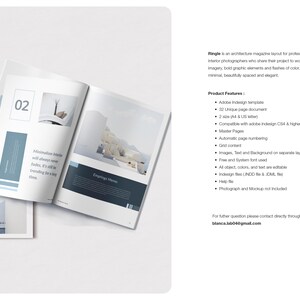 May include: The image showcases a magazine layout titled "Ringle" for architecture and interior photographers. The design features a minimalist aesthetic with blue and white accents. The layout includes text and images, with a focus on layered imagery and bold graphic elements.