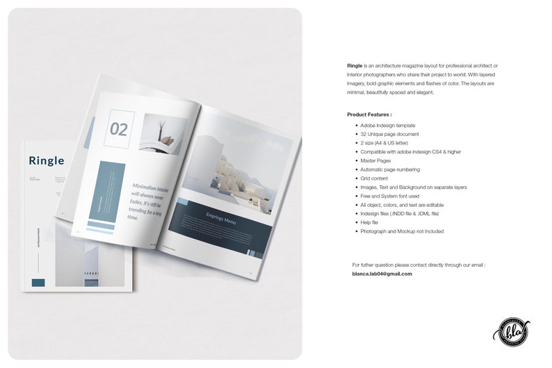 May include: The image showcases a magazine layout titled "Ringle" for architecture and interior photographers. The design features a minimalist aesthetic with blue and white accents. The layout includes text and images, with a focus on layered imagery and bold graphic elements.