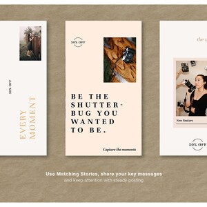 Puede incluir: Tres publicaciones verticales en redes sociales sobre un fondo beige. La primera dice "Keep Clicking Every Moment" con una foto y un 50% de descuento. La segunda dice "Be the Shutterbug You Wanted to Be" con una foto y un 50% de descuento. La tercera dice "Live in the moment" con una foto y un 50% de descuento.