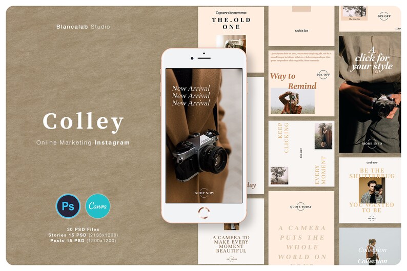 Puede incluir: Un gr&aacute;fico promocional para marketing en Instagram, con un smartphone que muestra una c&aacute;mara y las palabras "New Arrival". El dise&ntilde;o incluye varias plantillas de publicaciones en redes sociales con texto como "A click for your style" y "Be the shutterbug."