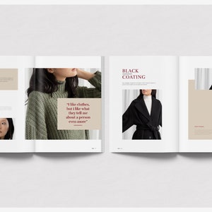 Puede incluir: Una revista de moda de doble p&aacute;gina. Una p&aacute;gina muestra el n&uacute;mero "01" con texto y una foto de una mujer. La p&aacute;gina opuesta tiene el titular "BLACK COATING" y una foto de una mujer con un abrigo negro. La revista tiene el logo "bla".