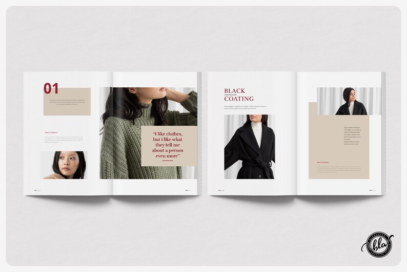 Puede incluir: Una revista de moda de doble p&aacute;gina. Una p&aacute;gina muestra el n&uacute;mero "01" con texto y una foto de una mujer. La p&aacute;gina opuesta tiene el titular "BLACK COATING" y una foto de una mujer con un abrigo negro. La revista tiene el logo "bla".