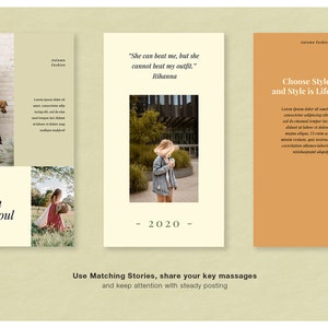 Pu&ograve; includere: Una grafica digitale con tre pannelli verticali e un banner orizzontale. I pannelli presentano immagini e testo relativi alla moda. Il testo include citazioni, l'anno 2020 e le frasi "Fashion meets soul" e "Choose Style and Style is Life."