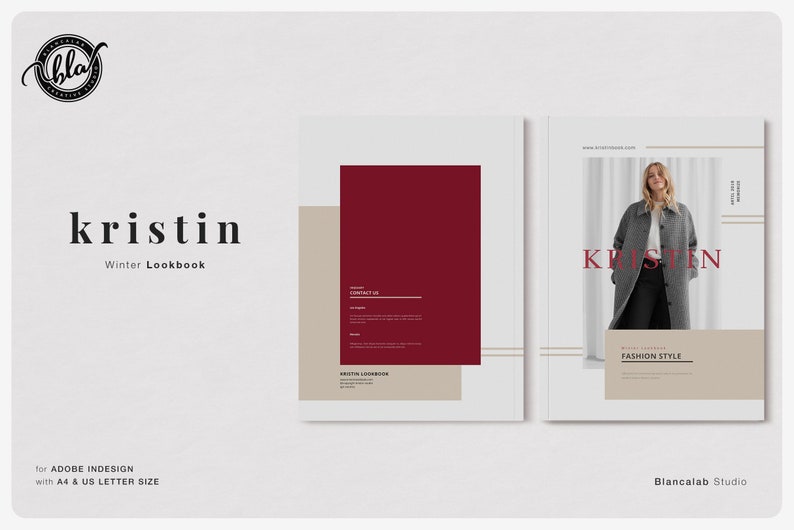 Puede incluir: Un lookbook de invierno minimalista titulado "kristin". La portada presenta el nombre en negrita, con una mujer con un abrigo gris. El dise&ntilde;o incluye un bloque burdeos y acentos beige. El lookbook es para Adobe InDesign, tama&ntilde;o A4 y US LETTER.
