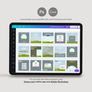 Peut inclure: Une tablette affiche des mod&egrave;les de publications Instagram avec des paysages verts et gris. On peut lire "Giveaway", "New Tips" et "Launch". Les mod&egrave;les sont compatibles avec Photoshop et Canva. Le texte "Canva.com online app and Adobe Photoshop" est &eacute;galement visible.