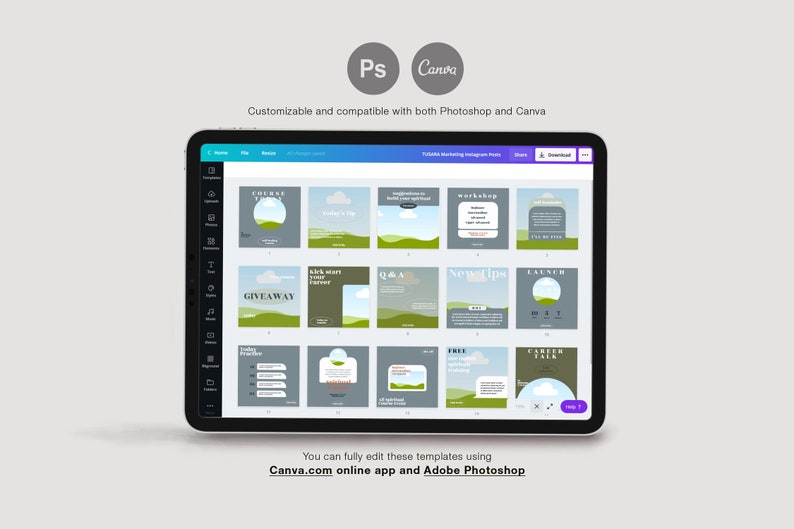 Peut inclure: Une tablette affiche des mod&egrave;les de publications Instagram avec des paysages verts et gris. On peut lire "Giveaway", "New Tips" et "Launch". Les mod&egrave;les sont compatibles avec Photoshop et Canva. Le texte "Canva.com online app and Adobe Photoshop" est &eacute;galement visible.