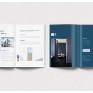 May include: A spread from a magazine or brochure, featuring a clean, modern design. The left page has text and images, while the right page has a dark blue background with the number "01" and a photo of a person.