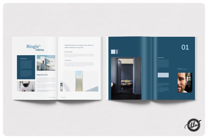 May include: A spread from a magazine or brochure, featuring a clean, modern design. The left page has text and images, while the right page has a dark blue background with the number "01" and a photo of a person.