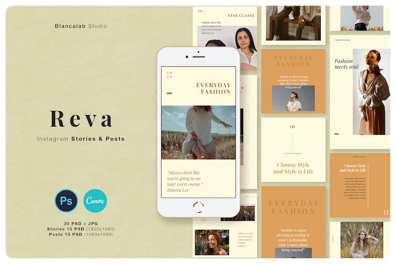 Pu&ograve; includere: Immagine promozionale per le storie e i post di Instagram "Reva", con uno smartphone che mostra contenuti "Everyday Fashion". Il design include vari quadrati a tema moda con testo e immagini e il testo "Blancalab Studio".