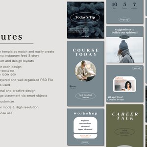 Peut inclure: Ensemble de mod&egrave;les de stories Instagram gris et verts. Les mod&egrave;les pr&eacute;sentent du texte tel que &laquo; Today's Tip &raquo;, &laquo; Course Today &raquo; et &laquo; Career Talk &raquo;. Les mises en page sont pour divers sujets, y compris l'auto-gu&eacute;rison et la formation spirituelle.