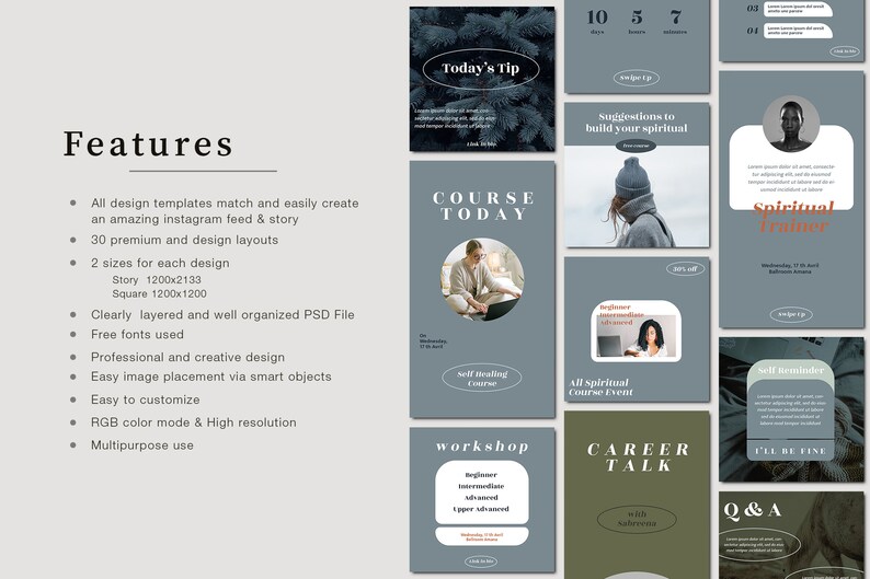 Peut inclure: Ensemble de mod&egrave;les de stories Instagram gris et verts. Les mod&egrave;les pr&eacute;sentent du texte tel que &laquo; Today's Tip &raquo;, &laquo; Course Today &raquo; et &laquo; Career Talk &raquo;. Les mises en page sont pour divers sujets, y compris l'auto-gu&eacute;rison et la formation spirituelle.
