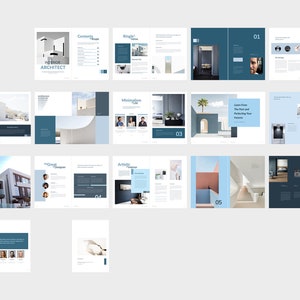 May include: A layout of pages from a magazine or brochure, featuring interior design themes. The pages have a clean, modern design with a color palette of white, blue, and gray. Text includes "Interior Architect" and other headings.