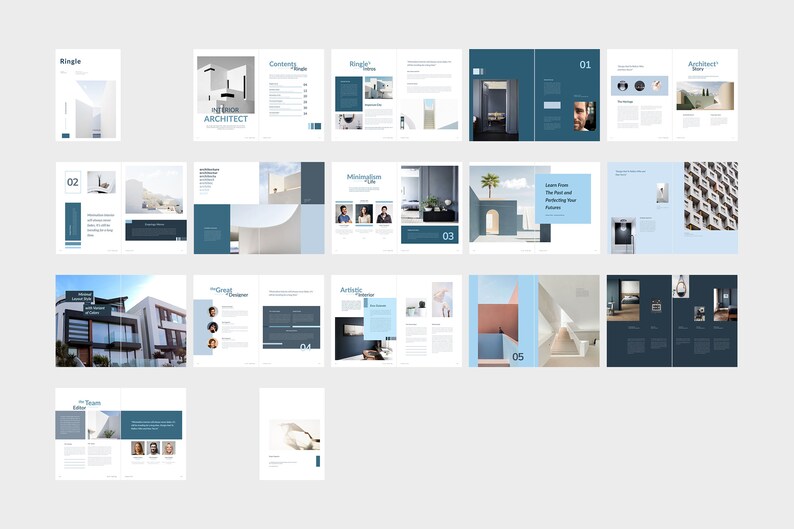 May include: A layout of pages from a magazine or brochure, featuring interior design themes. The pages have a clean, modern design with a color palette of white, blue, and gray. Text includes "Interior Architect" and other headings.