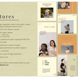 Pu&ograve; includere: Un set di modelli di design digitale per Instagram, con uno schema di colori beige e marrone. Il layout include vari modelli con testo e immagini, che promuovono un'estetica elegante e moderna. Il testo include "Features" e "Everyday Fashion".