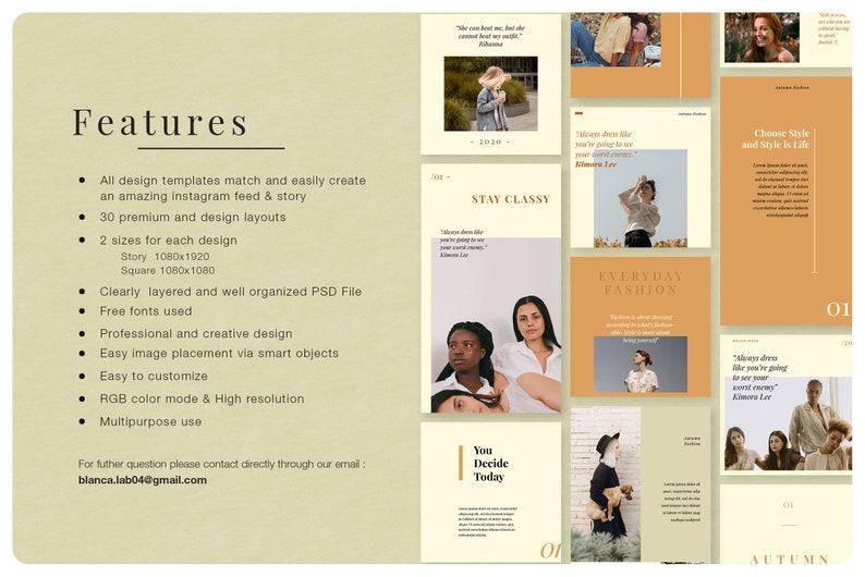 Pu&ograve; includere: Un set di modelli di design digitale per Instagram, con uno schema di colori beige e marrone. Il layout include vari modelli con testo e immagini, che promuovono un'estetica elegante e moderna. Il testo include "Features" e "Everyday Fashion".
