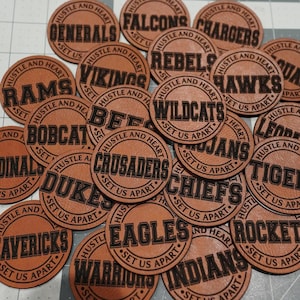 School Mascot Laser Engraved Leatherette Hat Patch,Sports Team Laser Engraved Hat Patch,Hustle & Heart Set Us Apart Laser Engraved Hat Patch