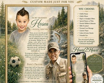 May include: A personalized digital artwork titled Personalized Grandson Blessing featuring a photo of a young boy with a soccer ball and a man in a fishing vest. The text includes a message to Hosea, a prayer, and a list of custom options.