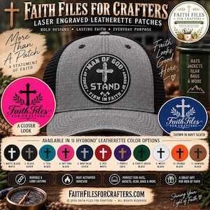 May include: A gray and black trucker hat featuring a circular black leatherette patch with a laser-engraved cross and the text Man of God Stand Firm in Faith. The design includes eleven color options for the patch and a compass at the bottom.