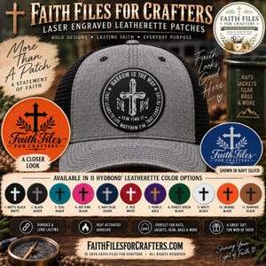 May include: A gray trucker hat with a black mesh back and a circular black leatherette patch featuring a white cross and the text Narrow Is The Way That Leads To Life Few Find It Matthew 7:14. The image displays eleven color options for patches.