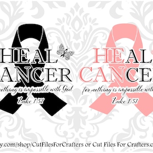 Könnte beinhalten: Zwei schwarze und rosa Schleifen mit dem Text "HEAL CANCER" und dem Bibelvers "Denn nichts ist unmöglich für Gott Lukas 1,37".