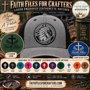 May include: A gray and black trucker hat featuring a circular laser-engraved leatherette patch on the front. The patch displays a lion illustration with the text BE STRONG & COURAGEOUS JOSHUA 1:9. The hat has a heathered gray front and black mesh back.