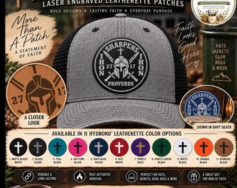 Iron Sharpens Iron Hat Patch, Christian Hat Patch, Christian Leatherette Hat Patch, Faith Leatherette Patch, Laser Engraved Custom Hat Patch