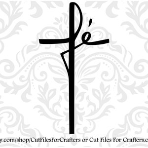 May include: Black and white silhouette of a cross with the word "fé" written in a stylized font.