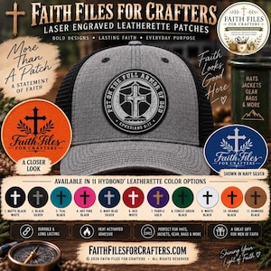 May include: A gray trucker hat with a black mesh back and a circular leatherette patch on the front. The patch features a cross graphic and the text 'PUT ON THE FULL ARMOR OF GOD EPHESIANS 6:11'. The image includes branding text and color options.