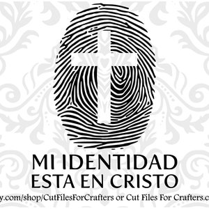 Può includere: Grafica in bianco e nero di un'impronta digitale con una croce bianca al centro. Il testo "MI IDENTIDAD ESTA EN CRISTO" è sotto l'impronta digitale.