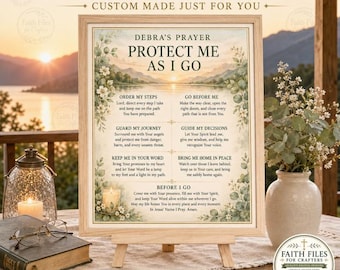 May include: A framed 8x10 prayer print titled DEBRA'S PRAYER PROTECT ME AS I GO, featuring a landscape background with mountains and water, surrounded by floral borders. The text includes six specific prayer sections and a concluding paragraph.