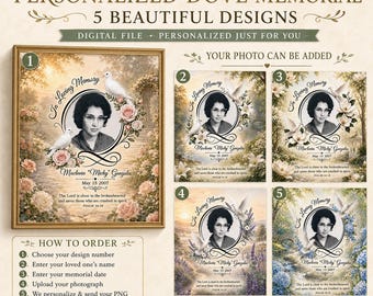 May include: A digital memorial print featuring five design variations with a central oval photo frame, white doves, floral borders, and the text In Loving Memory, Maclovia Micky Gonzales, May 15 2007, and Psalm 34:18. The layout includes ordering instructions.