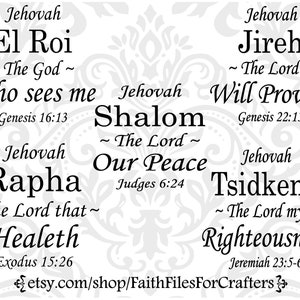 Jéhovah noms de Dieu Bundle, Jéhovah El Roi Svg, Jéhovah Rapha Svg, Jéhovah Shalom Svg, Jéhovah Jireh Svg, Jéhovah Tsidkenu Svg, Jéhovah Svg