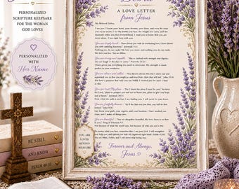 May include: A framed personalized scripture print titled A Love Letter from Jesus addressed to Debra, featuring purple lavender floral borders, religious text, and the phrase You Are Loved Beyond Measure, presented in a distressed white frame.