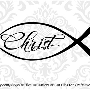 May include: Black and white silhouette of a fish with the word "Christ" written inside. The fish is a Christian symbol.