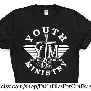 May include: Black t-shirt with a white graphic design of a cross with wings and the text "Youth YM Ministry Rooted in Christ".