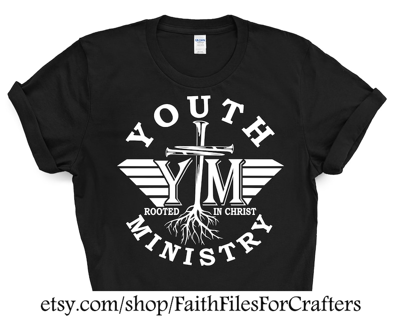 May include: Black t-shirt with a white graphic design of a cross with wings and the text "Youth YM Ministry Rooted in Christ".