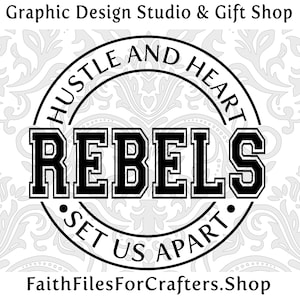 Puede incluir: Logotipo de diseño gráfico en blanco y negro con el texto "Hustle and Heart Rebels Set Us Apart".